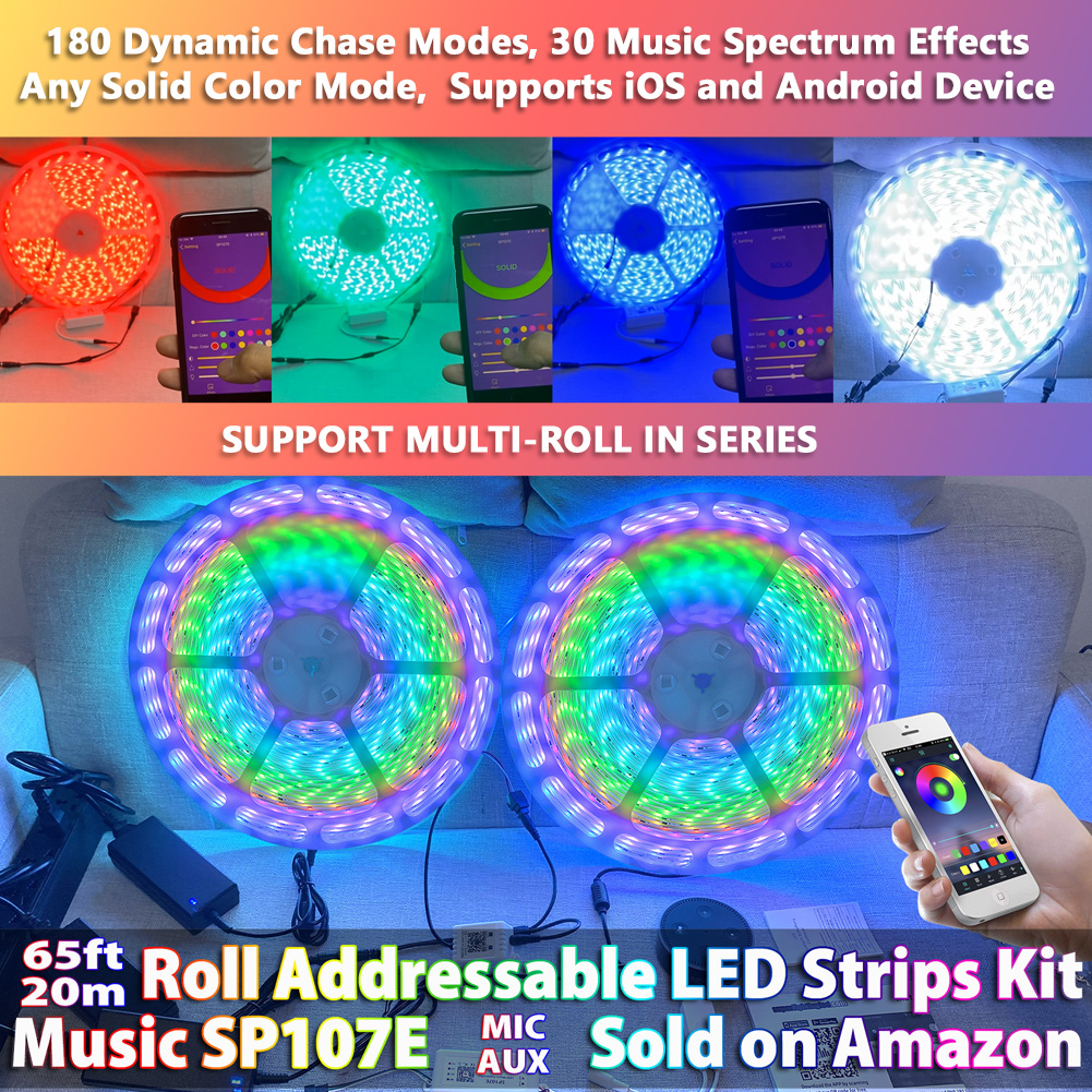 65ft/20m DC24V WS2811 36LEDs/m Addressable Digital Full Dream Color Chasing Flexible LED Light Strips Roll Without Power Supply and Controller